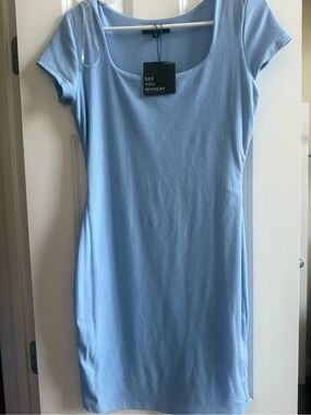 See You Monday Light Blue Ribbed Scoop Neck Bodycon Dress